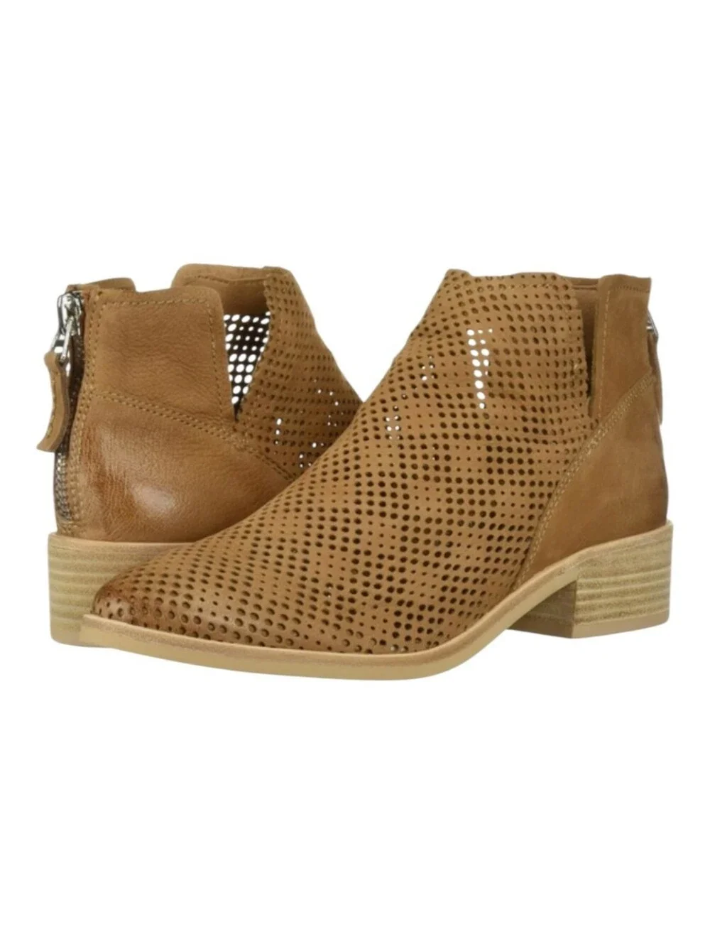 Dolce Vita Women's Tan Perforated Leather Ankle Boot Bootie Stacked Heel 7.5M